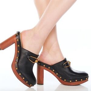 Veronica Beard Giles Black Leather Wooden Clog Mule Heels Size 8